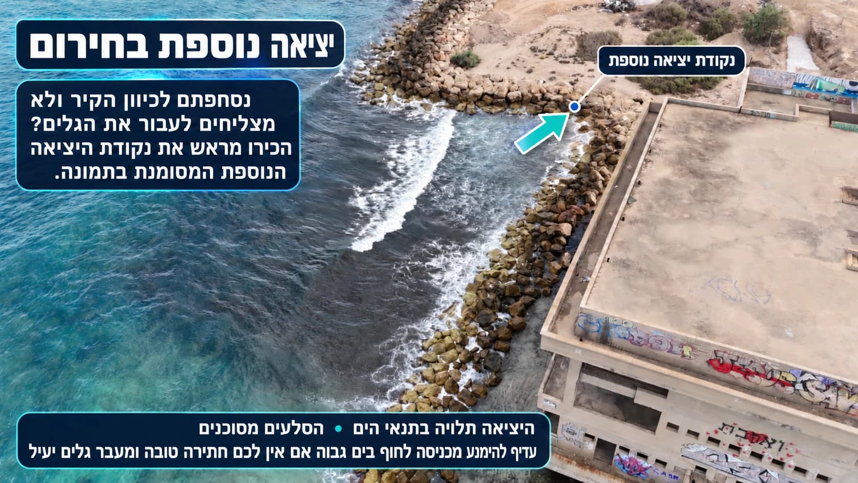 תצלום אוויר המסמן את נקודת היציאה הנוספת בחירום, דרך המעבר החולי ליד הקיר.