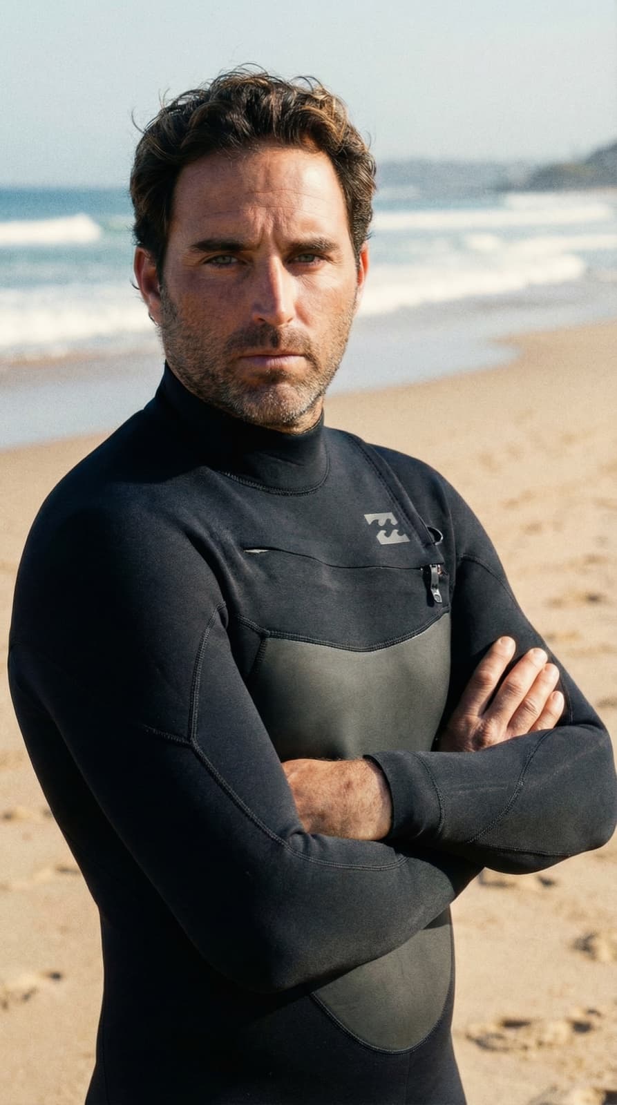 Simon Dabah, founder and head coach at TRB, in a wetsuit on the beach